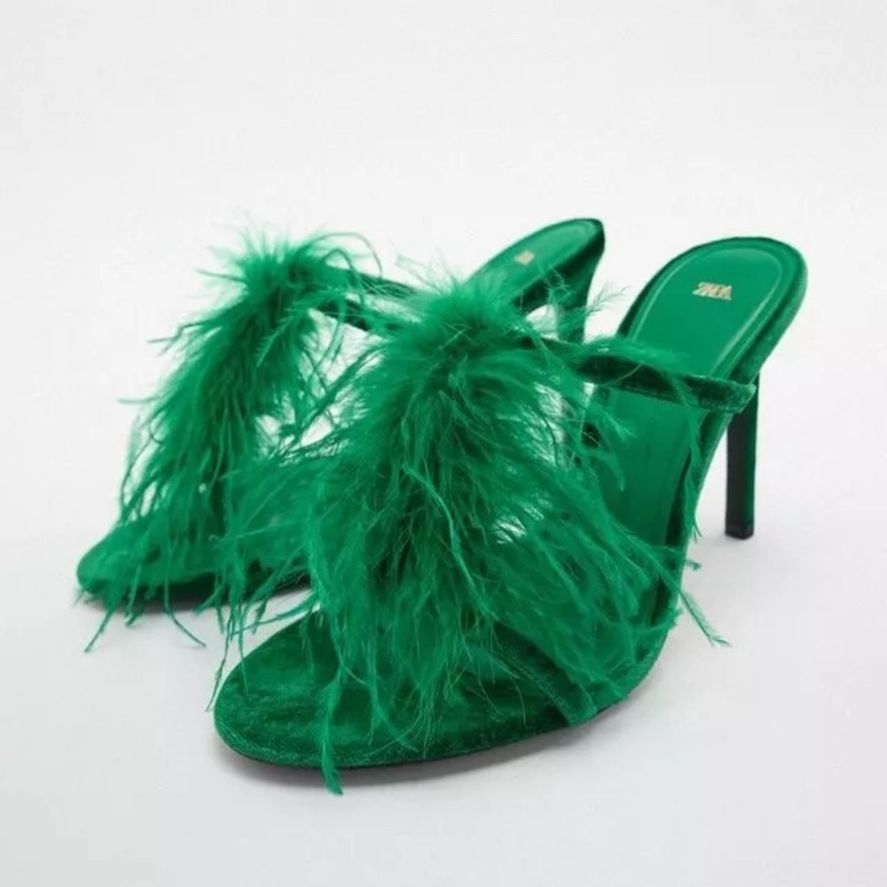 Zara Velvet Feather Sandals - Size EU 41 (UK 8, US 10) - Emerald Green